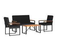 PUGYNBK Set di mobili da esterno, 4 pezzi, nero, in rattan sintetico | Tavolo in acacia con assi e cuscini rimovibili, telaio in acciaio verniciato a polvere, per giardino o patio