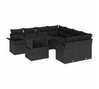 PUGYNBK Set divano da giardino, 9 pezzi, nero, in polirattan | Modulare, 2 scaffali angolari, 4 centrali, 2 bracci, tavolo in vetro temperato, per esterni