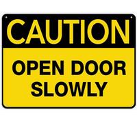 Puhayexi Cartello in metallo con scritta "Caution Open Door Slowly", 30,5 x 20,3 cm, in alluminio antiruggine, multicolore