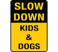 Puhayexi Slow Down Kids Dogs Sign 20,3 cm "X12" Insegne in alluminio antiruggine per esterni, targa in latta per casa, affari, cortile