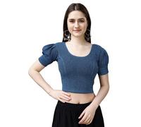 Pujia Mills Camicetta da donna pronta all'uso brillante in lycra elasticizzata con scollo rotondo a mezza manica a sbuffo camicetta in lycra elasticizzata per le donne camicetta sari pronta all'uso