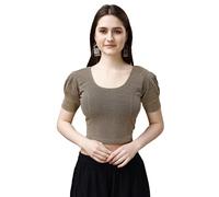 Pujia Mills Camicetta da donna pronta all'uso brillante in lycra elasticizzata con scollo rotondo a mezza manica a sbuffo camicetta in lycra elasticizzata per le donne camicetta sari pronta all'uso