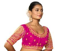 Pujia Mills Camicetta da lavoro etnico indiano da donna con codice oro Corrispondenza Ricamo Girocollo Mezza Manica Finito Confezionato, Colore: rosa., 42