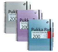 Pukka Pad Metallic - Cuaderno ejecutivo de espiral doble (3 unidades, A4, 200 hojas microperforadas, 80 g/m², con margen, 5 separadores, cierre elástico), diseño metalizado