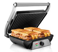 Pukomc Bistecchiera Elettrica, 2000W Piastra Panini con Piastre di Cottura Antiaderenti,Apre a 180 Gradi Tostapane Gourmet Piastra con vassoio raccogli grasso