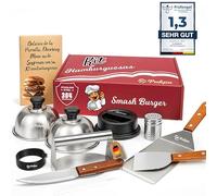 PUKPU Kit Smash Burger di 9 Pezzi in Acciaio INOX - Include Pressa e Stampo per Hamburger e Uova, 2 Cloches, 2 Spatole, Coltello Cucina e Saliera - Kit per Hamburger BBQ - Libro di Ricette in Regalo