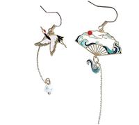 PULABO 1 paio di orecchini pendenti in stile cinese con ventaglio pieghevole da modellare, orecchini pendenti in stile nazionale, orecchini asimmetrici cavi per le donne squisito