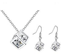 PULABO Collana Orecchini Set Cristallo Cubo Collo Catena Orecchini Catena Pendente Collana e Orecchini Set Set di Gioielli per Donne Ragazze moda