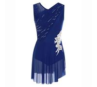 Pulcykp Abito aderente da donna con strass increspato in rete abiti da danza ginnastica artistica pattinaggio artistico costume, blu navy, L