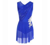 Pulcykp Abito aderente da donna con strass increspato in rete abiti da danza ginnastica artistica pattinaggio artistico costume, Blu, XL