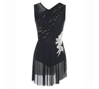 Pulcykp Abito aderente da donna con strass increspato in rete abiti da danza ginnastica artistica pattinaggio artistico costume, Nero , M