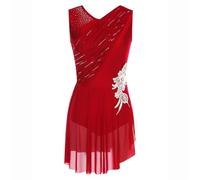Pulcykp Abito aderente da donna con strass increspato in rete abiti da danza ginnastica artistica pattinaggio artistico costume, Borgogna, XL