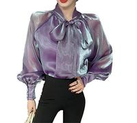 Pulcykp Camicie di seta da donna maniche lunghe vintage tinta unita fiocco collare camicetta ufficio raso top, Viola, L