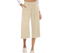 Pulcykp Pantaloni corti da donna a gamba larga a vita alta con punto smock vestibilità ampia culottes leggeri estivi casual pantaloni, Beige, L
