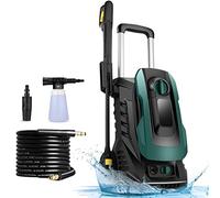 Pulitore ad alta pressione con ugello 3 in 1, pistola ad alta pressione, pressione 160 bar, portata massima 420 l/h, 2000 Watt, bottiglia di sapone con ugello per schiuma, tubo da 5 m, cavo da 5 m