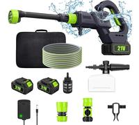 Pulitore ad alta pressione, pistola ad alta pressione senza fili, max 200 bar, idropulitrice ad alta pressione con 2 batterie, ugello multiuso 6-in-1, portatile, con tubo, vaso in schiuma, per pulire