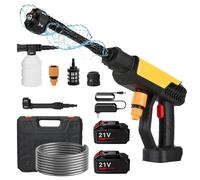 Pulitore ad alta pressione senza fili, 70 bar, ad alta pressione a batteria 3.0 Ah, spruzzatore di schiuma, ugello 6 in 1 regolabile e tubo 5 m, per auto, giardino, terrazza, finestre (2 batterie)