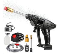 Pulitore ad alta pressione senza fili ad alta pressione portatile max 60 bar,pistola per lavaggio auto, con 1 batterie, 2 ugello,tubo da 5 m, estensione lancia per auto, giardino, terrazza, finestre