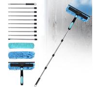 Pulitore telescopico per finestre, 3,7 m, 4,5 m, 2 in 1, set con estrattore in silicone e panno in microfibra, lavavetri con 10 aste telescopiche per finestre alte, auto (blu, 4,5 m)