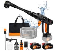 Pulitrice ad alta pressione, 65 bar, a batteria, con batteria da 2 x 3000 mAh, idropulitrice portatile ad alta pressione, ugello regolabile 6 in 1, pulizia ultra forte, tubo da 9 metri per pulizia