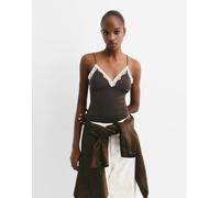 Pull&Bear - Body color cioccolato a balconcino con spalline sottili e dettagli in pizzo-Marrone XS