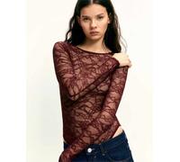 Pull&Bear - Body in pizzo bordeaux a maniche lunghe-Rosso S