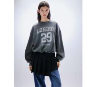 Pull&Bear - Felpa color nero sbiadito con grafica London 29-Grigio L