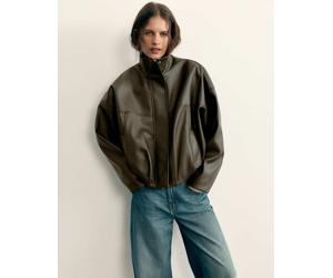 Pull&Bear giacca balloon effetto pelle con collo alto in khaki-Verde M