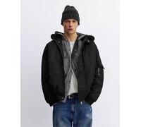 Pull&Bear - Giacca bomber in tessuto combinato nero con cappuccio L