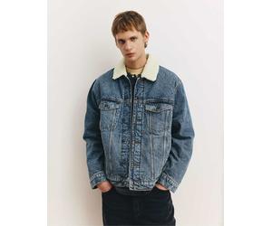 Pull&Bear - Giacca di jeans blu medio con colletto in pelliccia sintetica XL