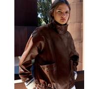 Pull&Bear giacca effetto pelle squadrata con collo a imbuto marrone XS