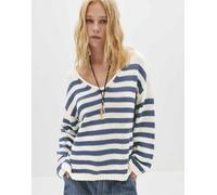 Pull&Bear - Maglione con scollo a V écru e blu navy a righe-Multicolore M