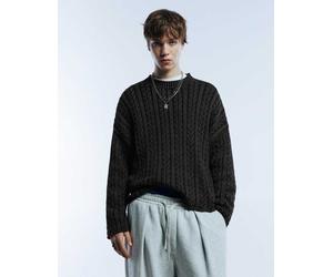 Pull&Bear - Maglione lavorato a trecce nero sbiadito lavaggio acido-Grigio XS