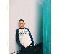 Pull&Bear New york t-shirt raglan in ecru/blu-Multicolore S