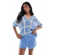 Pull&Bear - Polo in maglia all'uncinetto blu a quadri in coordinato S