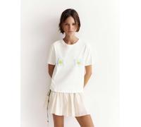 Pull&Bear - T-shirt color ghiaccio con fiori e perline-Bianco XS