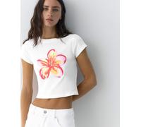 Pull&Bear - T-shirt color ghiaccio con grafica di fiore-Bianco M