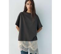 Pull&Bear - T-shirt grigia con fondo in pizzo a contrasto-Grigio XS