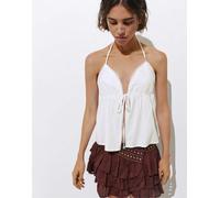 Pull&Bear - Top allacciato al collo bianco con finiture in pizzo e lino L