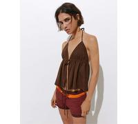 Pull&Bear - Top allacciato al collo color cioccolato con finiture in pizzo e lino-Marrone XS