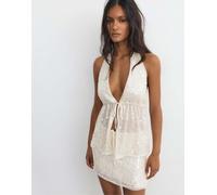Pull&Bear - Top allacciato al collo color ghiaccio con paillettes-Bianco S