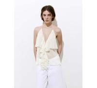 Pull&Bear - Top allacciato al collo color sabbia con volant-Neutro XS