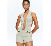 Pull&Bear - Top allacciato al collo grezzo verde pallido XL