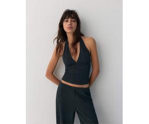 Pull&Bear - Top allacciato al collo in crêpe blu-Blu navy XL