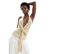 Pull&Bear - Top allacciato al collo in maglia color sabbia con incrocio sul davanti-Grigio XL