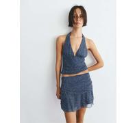 Pull&Bear - Top allacciato al collo in tulle color oceano con perline-Blu navy L