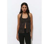 Pull&Bear - Top allacciato al collo marrone con perline M