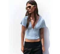 Pull&Bear top con scollo a V e arricciature azzurro chiaro-Blu S