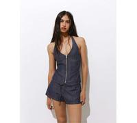 Pull&Bear - Top in denim blu navy allacciato al collo con zip L