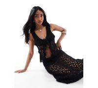 Pull&Bear - Top in maglia all'uncinetto allacciato sul davanti nero in coordinato L